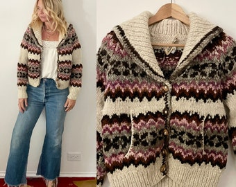 Vintage Ethnic Hand Knit Wool Cardigan , Chilean  Wool Sweater , Oversize Cardigan , Chunky Knit