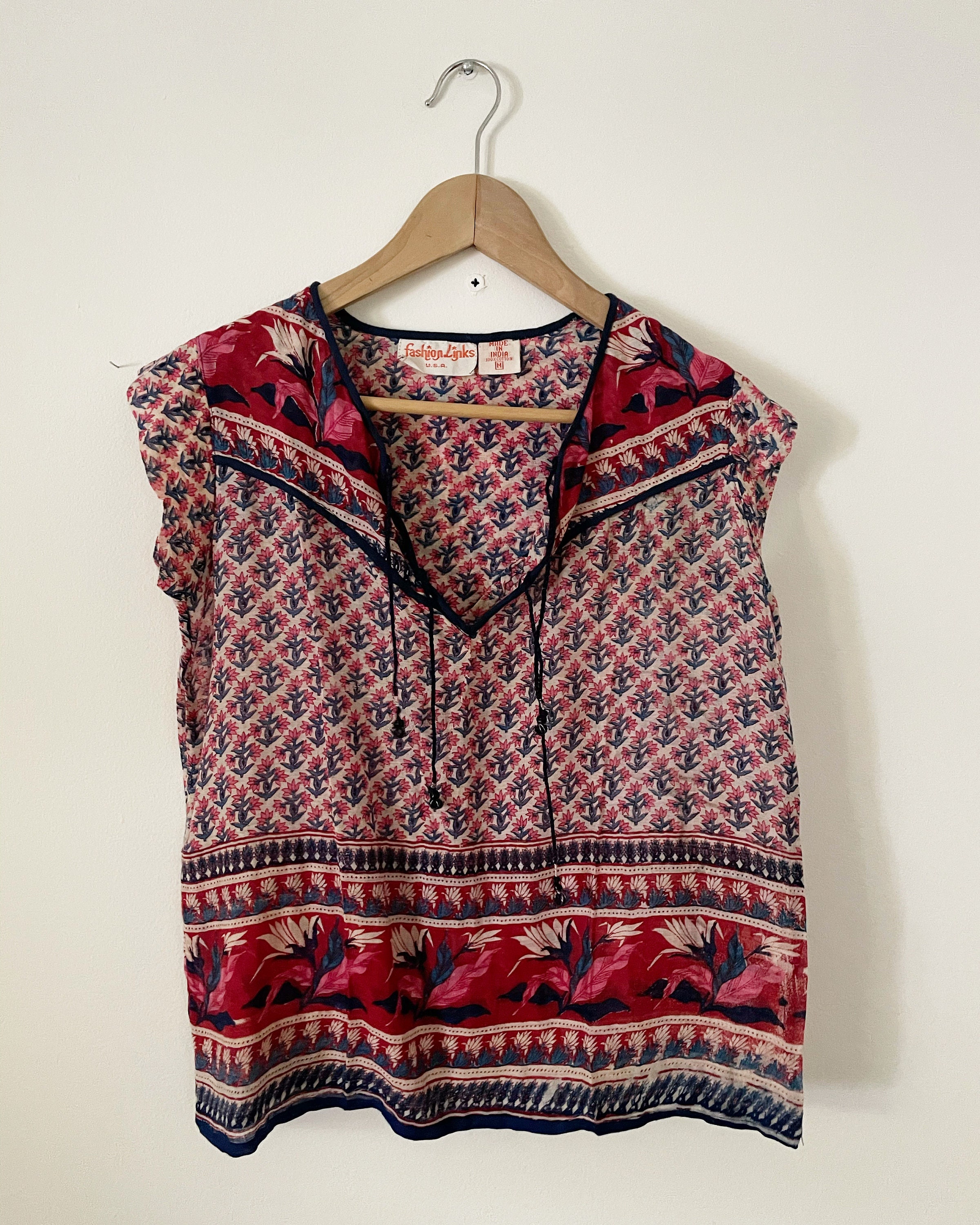 Vintage India Cotton Gauze Blouse , Indian Block Print Top