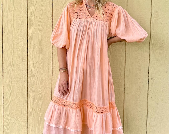 Vintage Peach Mexican Gauze Dress, Ethnic Lace Dress , Balloon Sleeve Dress , Crochet Cotton Dress , Boho Dress