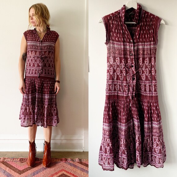 Vintage 70s Block Print Dress , Sleeveless India C