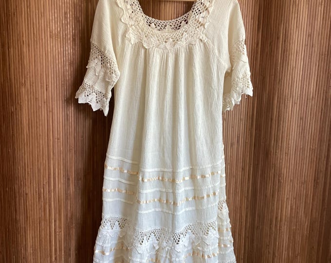 Rare Vintage Mexican Cotton Gauze Dress - Crochet White Lace Boho Midi Dress