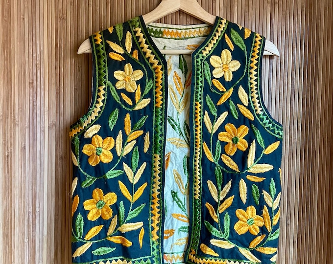 Vintage Afghan Embroidered Vest- Boho Floral Ethnic Design Waistcoat