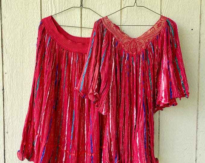 Vintage RARE Grecian Cotton Gauze Set- Cotton Gauze Skirt and Top Set , Red Cotton Gauze and Lurex Skirt Set , Bohemian Cotton  Set