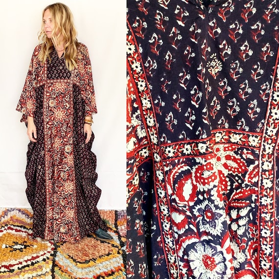 Vintage Indian Block Print Caftan , India Kaftan ,