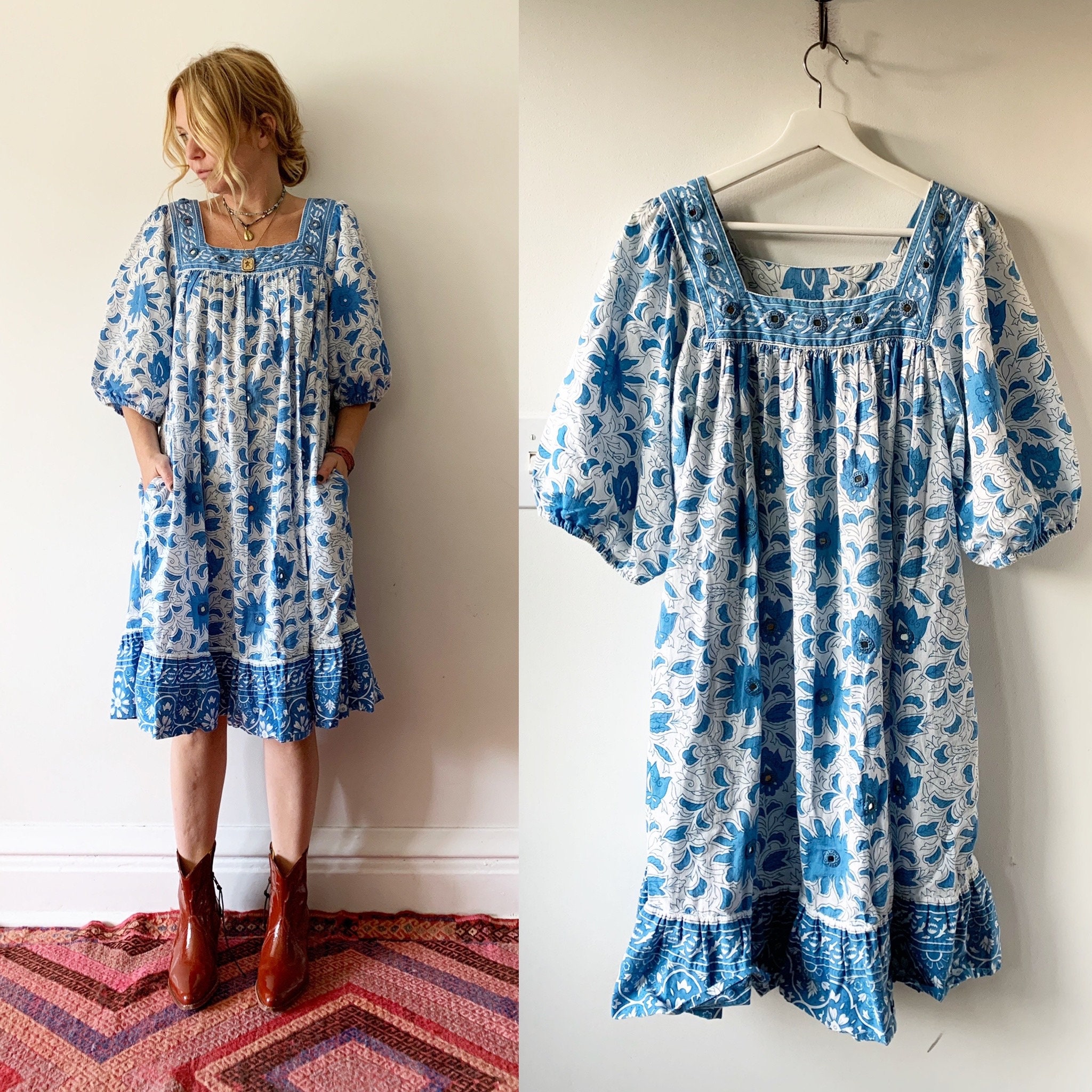 Vintage 70s Ramona Rull Embroidered Kaopftan , Mirrored Block Print ...