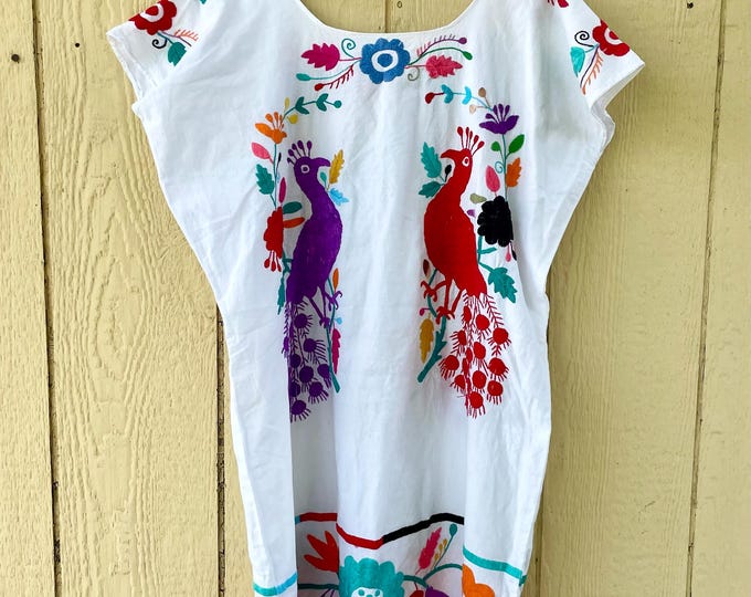 Hand Embroidered Mexican Huipil Dress: Vintage Cotton Kaftan, Bird & Peacock Design