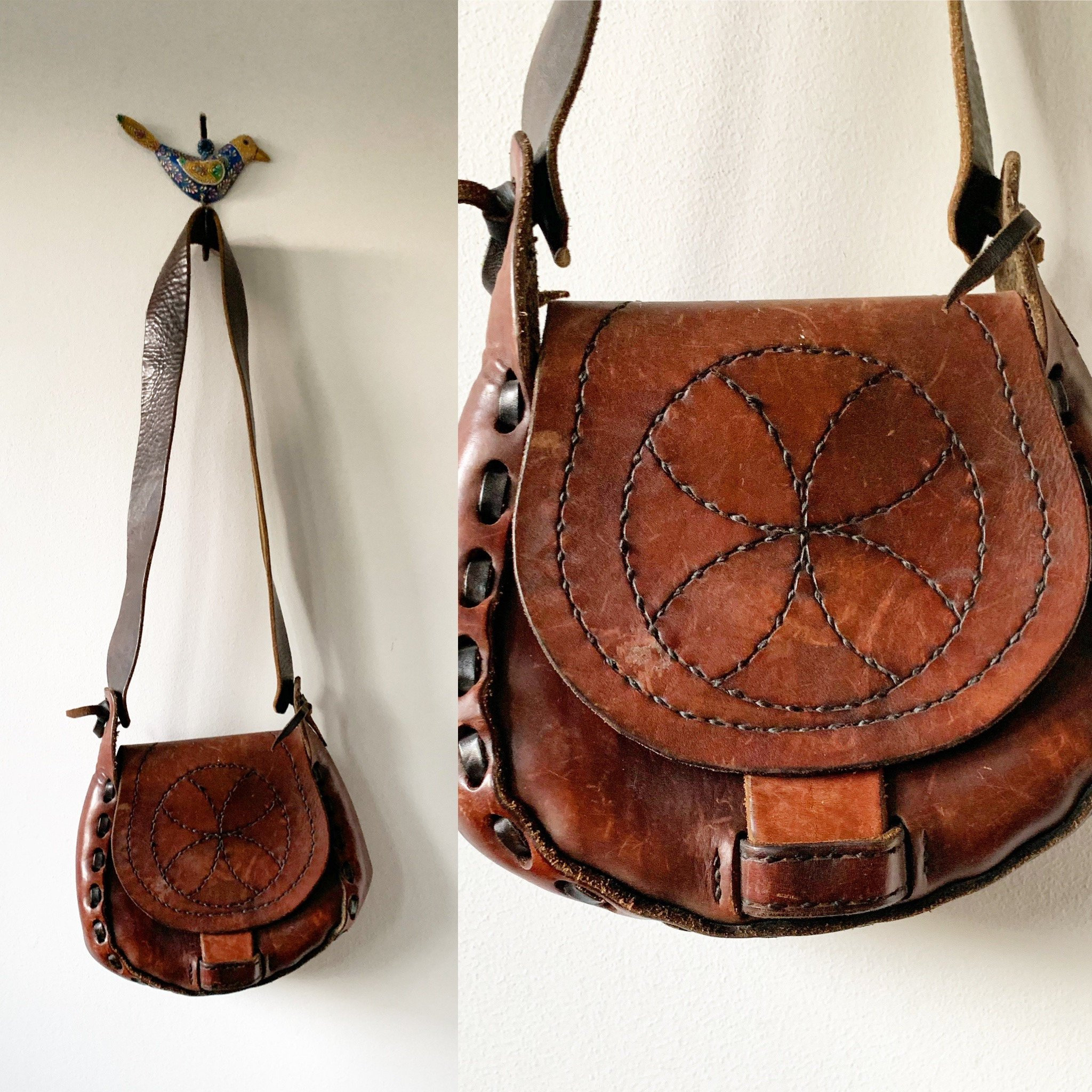 Vintage 60s BOHO Hippie Leather Bag , Mandala Bag