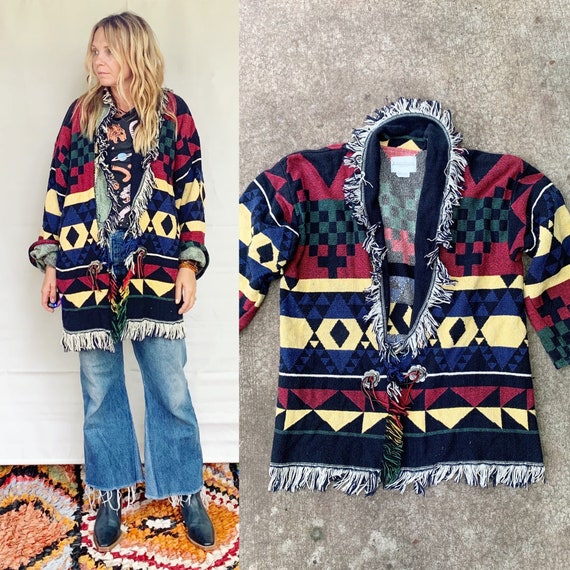 Vintage Southwestern Blanket Coat , Cotton Blanket