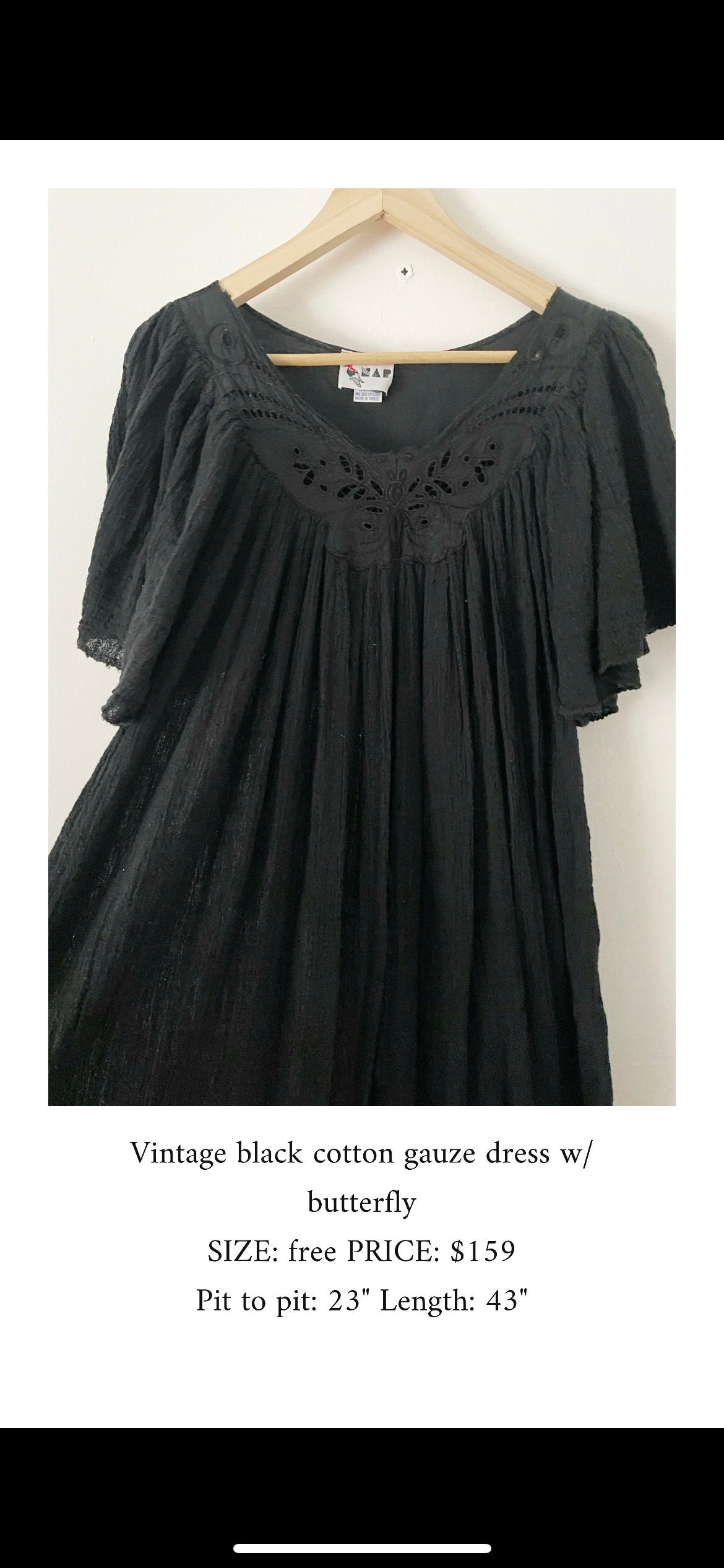 Vintage Black Cotton Gauze Dress , Butterfly Gauze Dress, Cotton Gauze