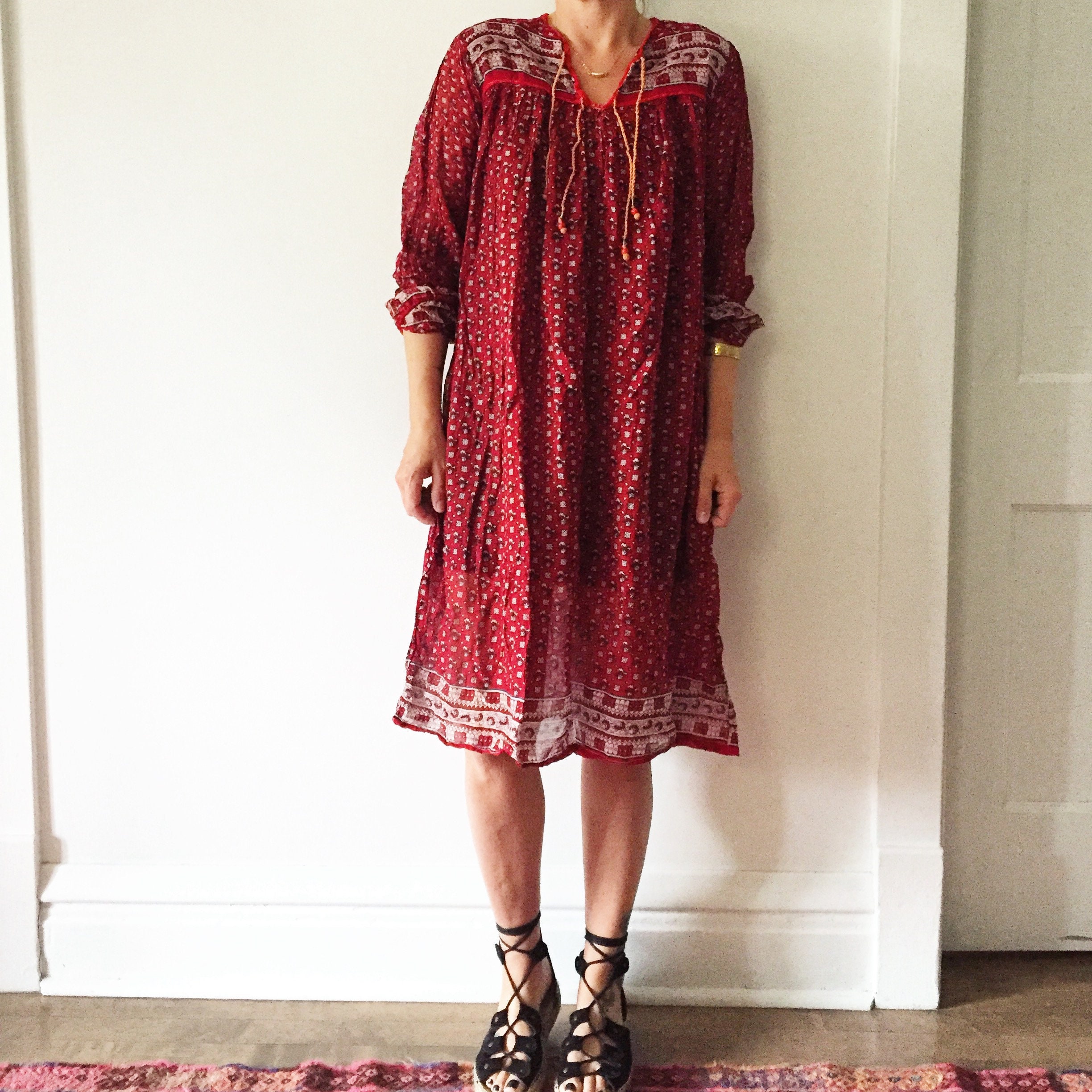 RESERVED//Vintage India Cotton Gauze Tunic Dress , Indian Cotton Dress