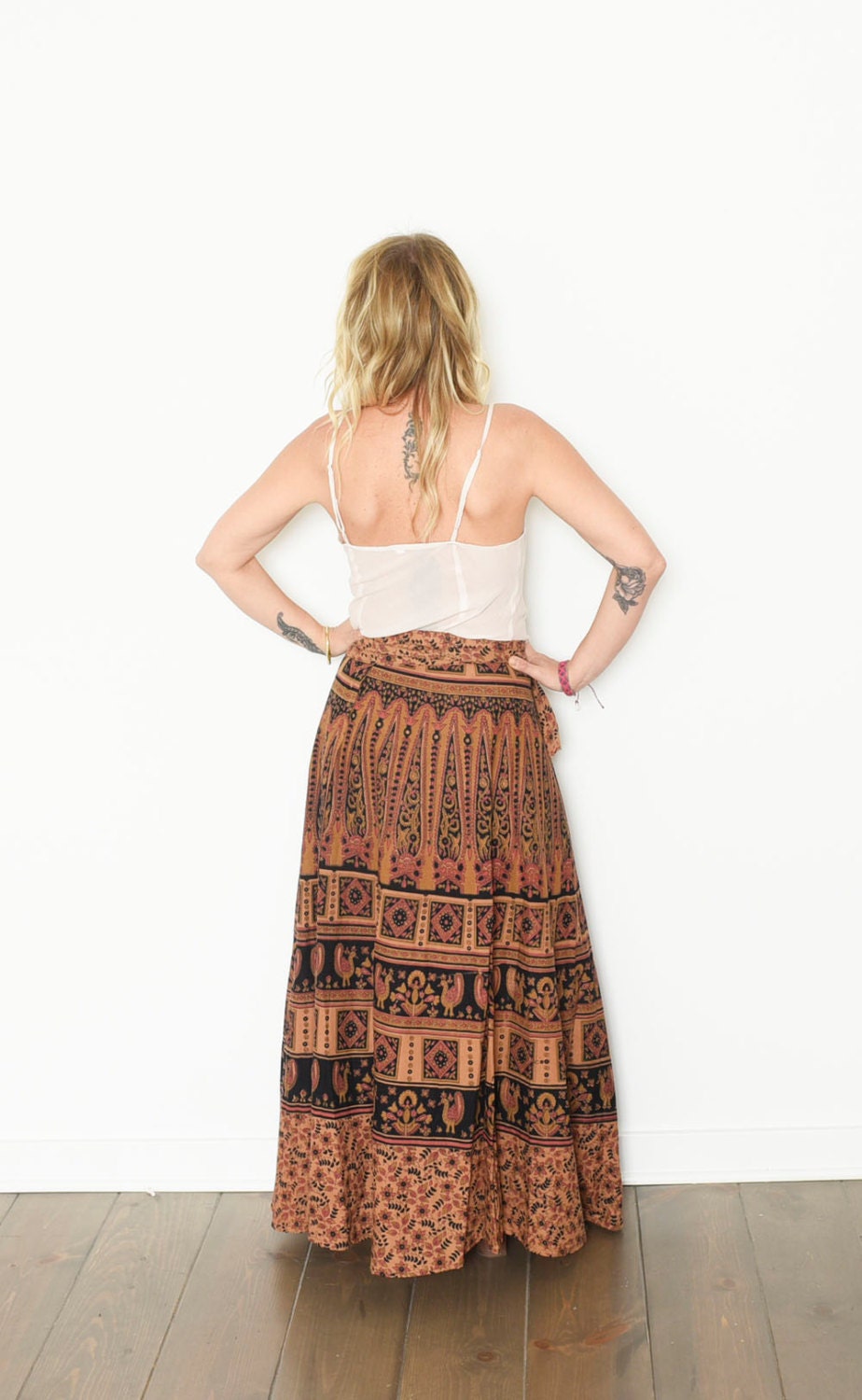 Vintage India Block Print Maxi Skirt , BOHO Hippie Wrap Skirt