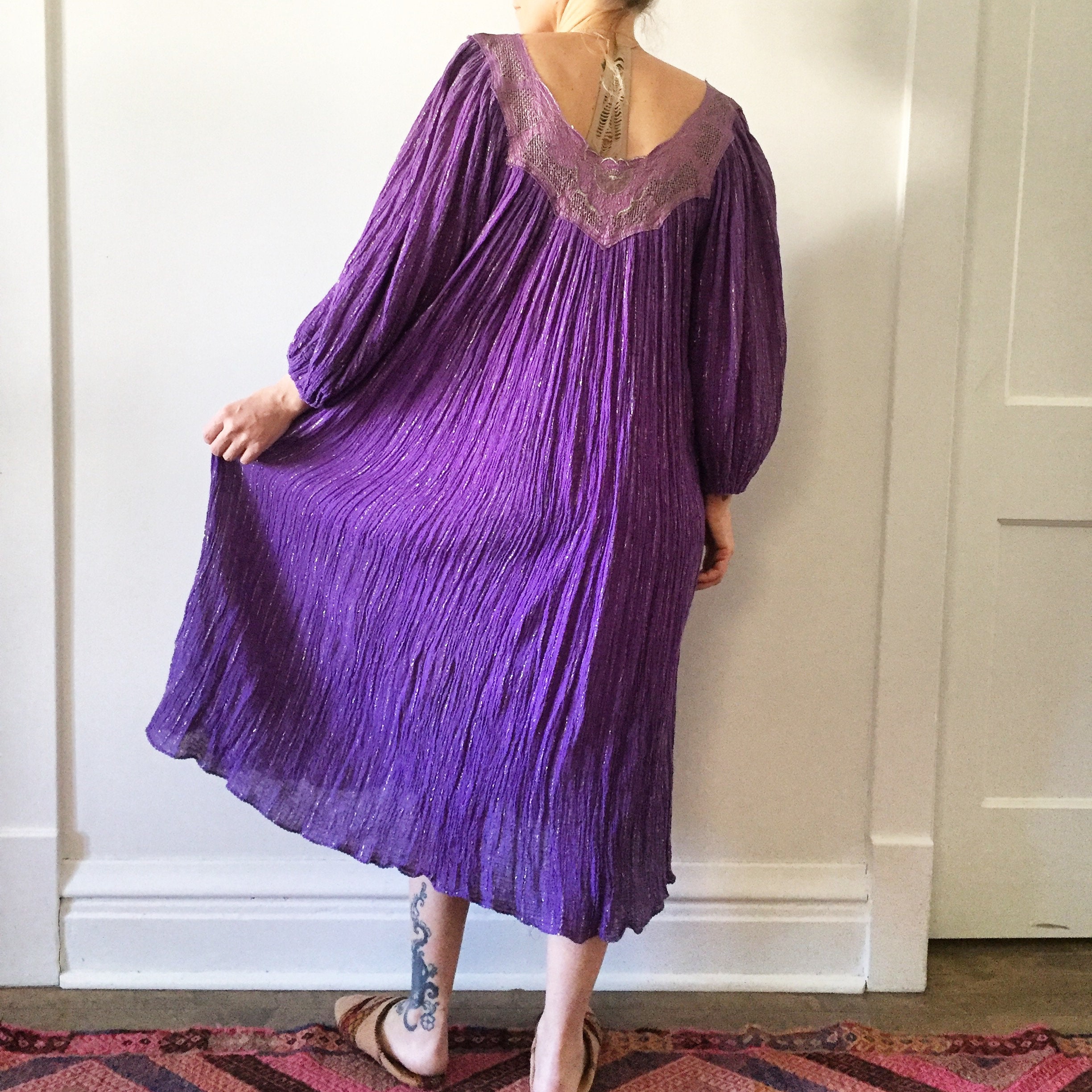 Vintage 70s India Cotton Gauze Dress , Metallic Gauze Dress , Indian