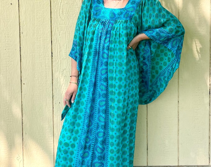 Vintage Rare India Silk Maxi Dress , Saks fifth Ave India Silk Maxi Length Dress , Indian Block Print Silk , Angel Sleeve Blue Maxi Dress