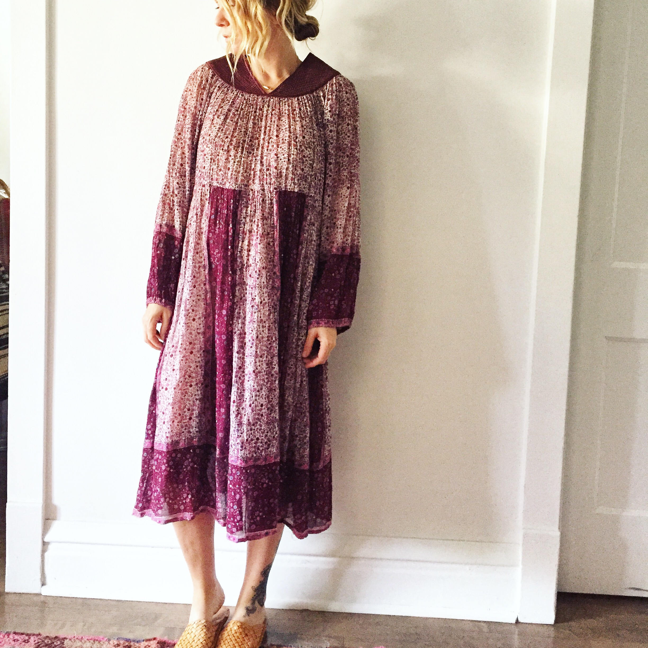 Vintage 70s India Cotton Gauze Dress , BOHO Hippie India Dress