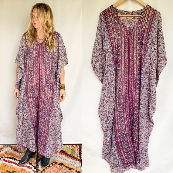 Vintage 70s Indian Cotton Gauze Lurex Kaftan , I