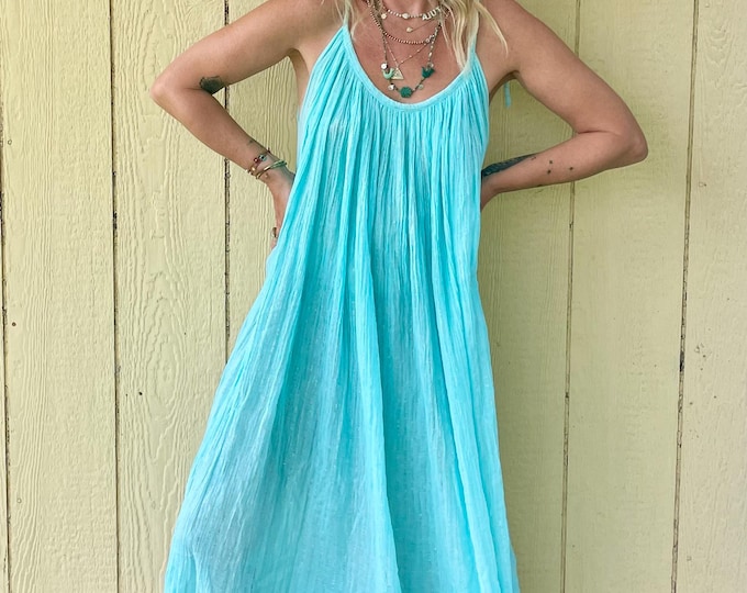 Vintage Cotton Gauze Lurex Strappy Sundress , Metallic Gauze Summer  Dress , Tent Dress , Smock Gauze Blue Dress