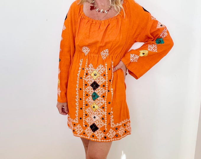 Vintage 70s  Hand Embroidered Mirrored Mini Dress, Indian Cotton Tunic, Orange Mini Dress, Vintage Resort Wear