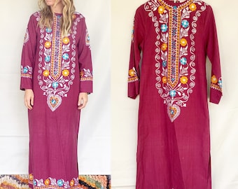 Vintage Embroidered Cotton Kaftan , Pakistani Cotton Maxi Dress , Embroidered Kaftan