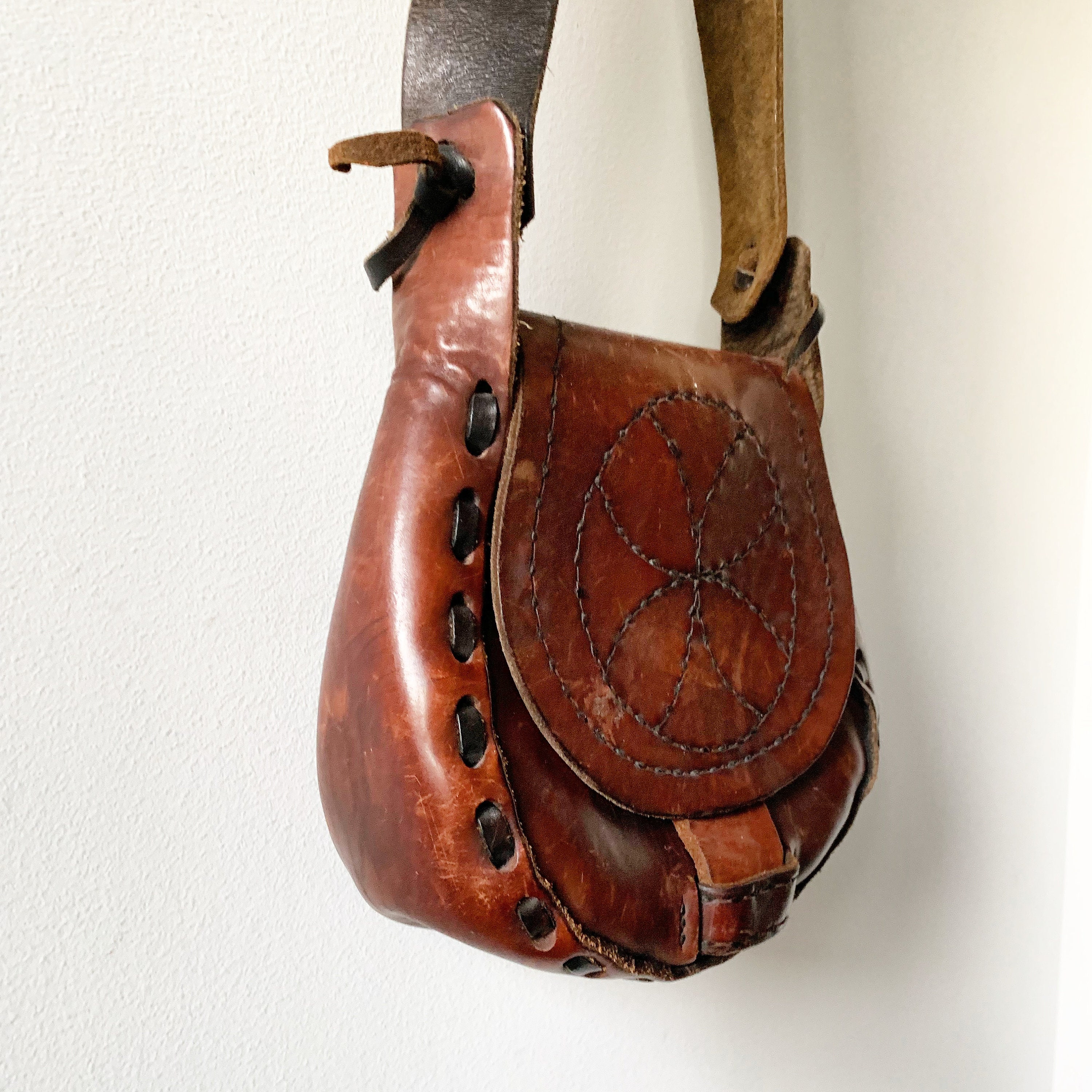 Vintage 60s BOHO Hippie Leather Bag , Mandala Bag