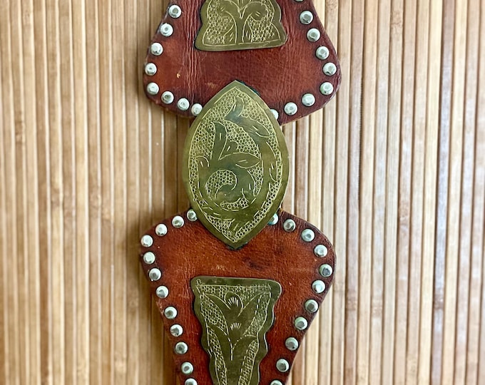 Vintage Etched  Brass and Leather Boho Belt - Oversize Hippie Leader Statement Belt