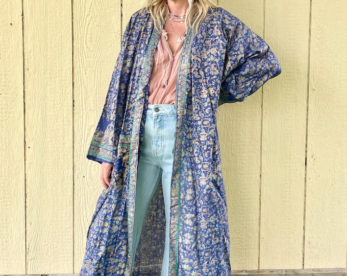 Vintage Indian Printed Kimono Duster- Printed Indian Duster, Bohemian Layering Duster, Blue and Gold Maxi Kimono