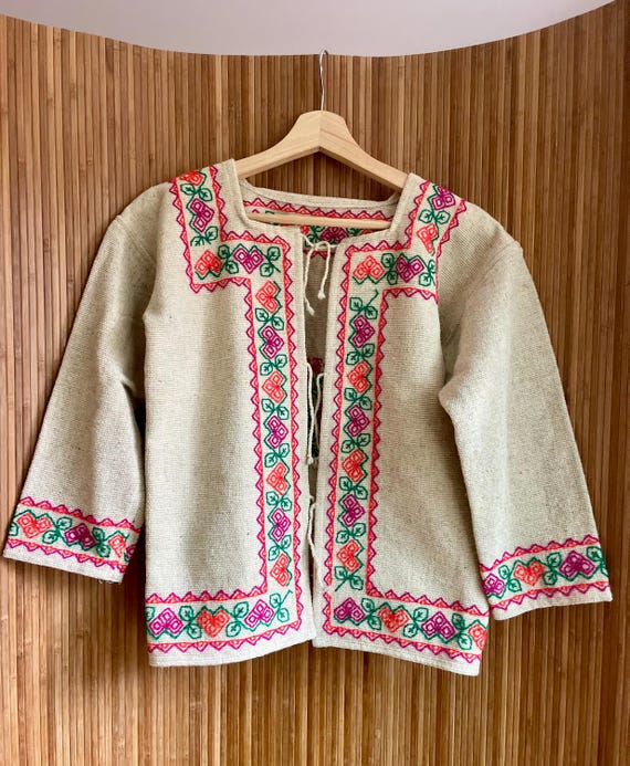 Vintage Hand-Embroidered Mexican Bohemian Wool Jacket - Ethnic Festival Coat, Unique Craftsmanship