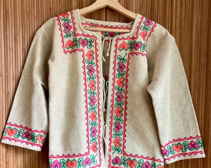 Vintage Hand-Embroidered Mexican Bohemian Wool Jacket - Ethnic Festival Coat, Unique Craftsmanship