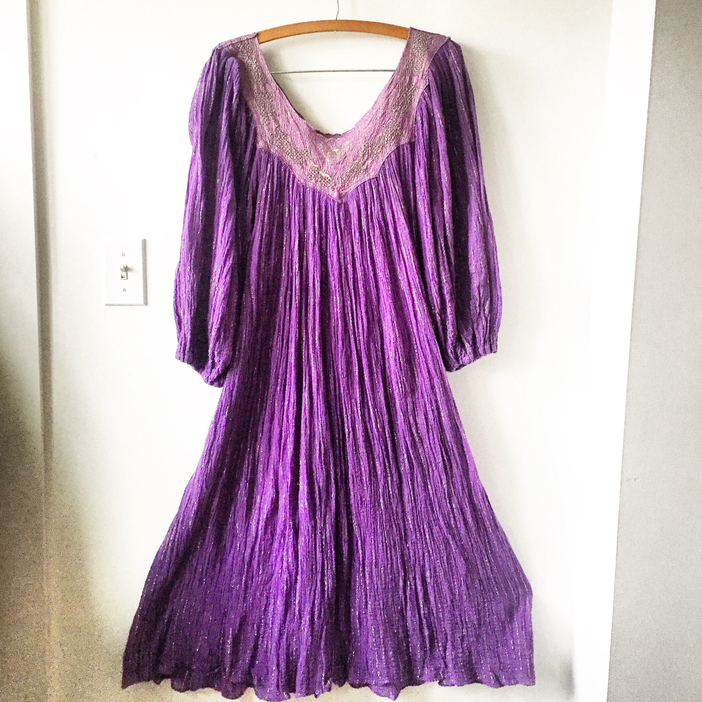 Vintage 70s India Cotton Gauze Dress , Metallic Gauze Dress , Indian