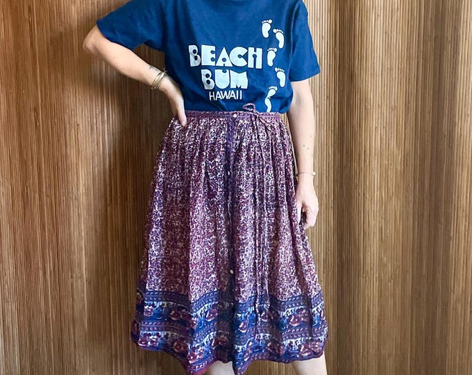 Vintage Indian Cotton Gauze Skirt - Boho Prairie Block Print Mid