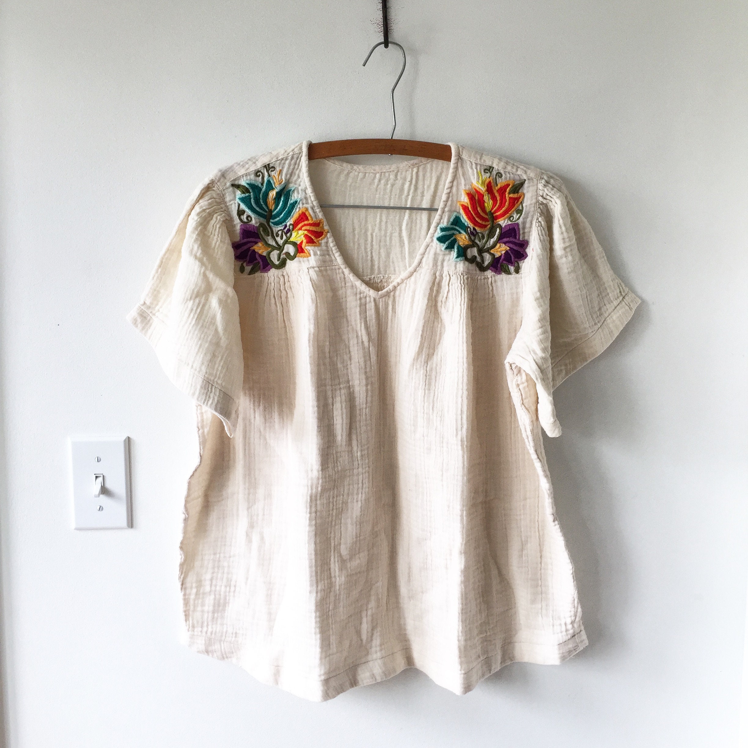 Vintage 70s India Cotton Gauze Top, Embroidered Blouse