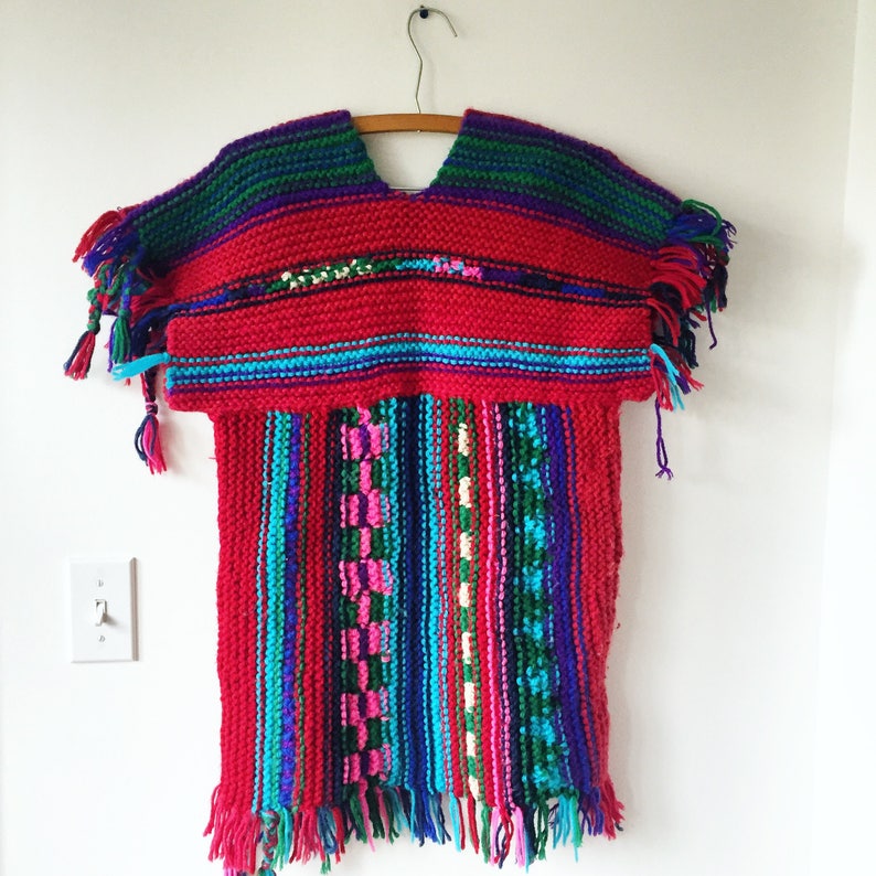 Fringed Sweater Vintage 70s Chunky Knit Colorful Sweater Tunic
