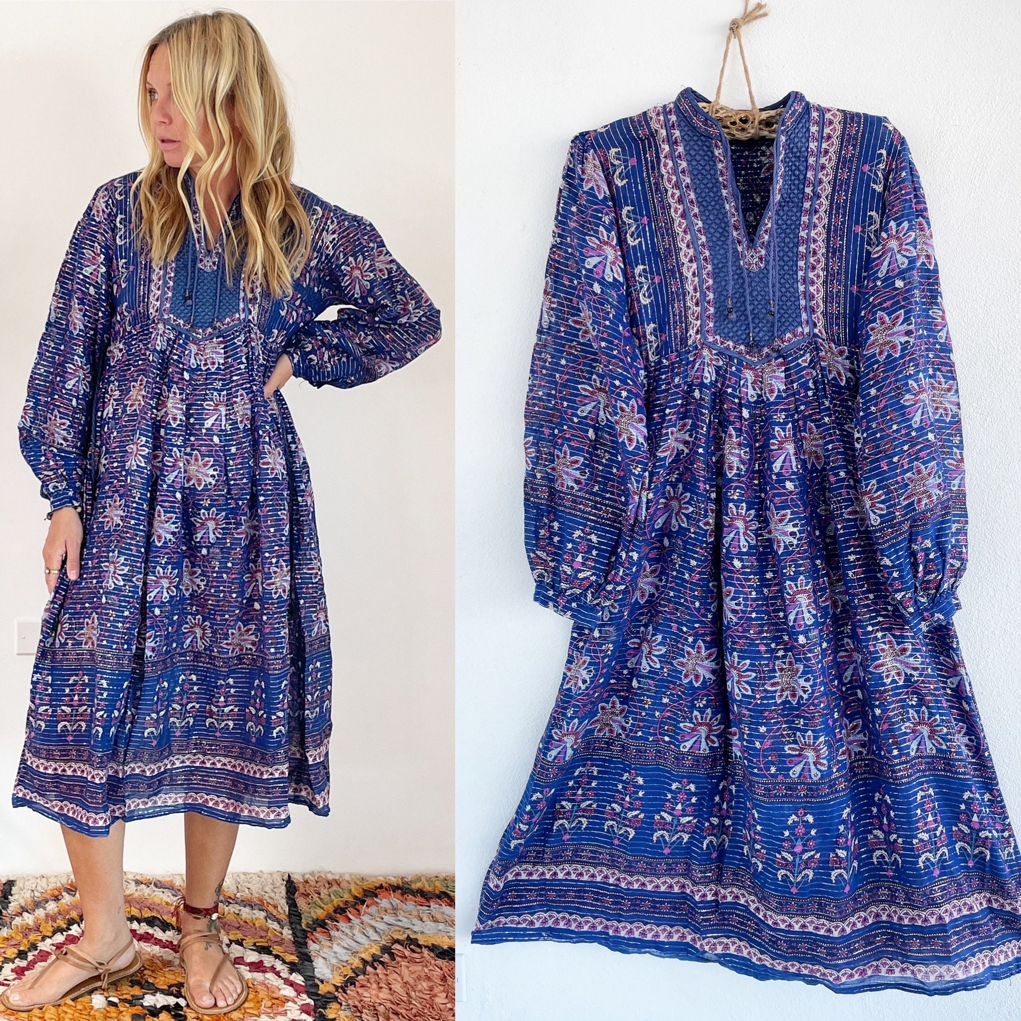 Vintage India Cotton Gauze Dress , Indian Cotton Kaftan , Lurex Gauze