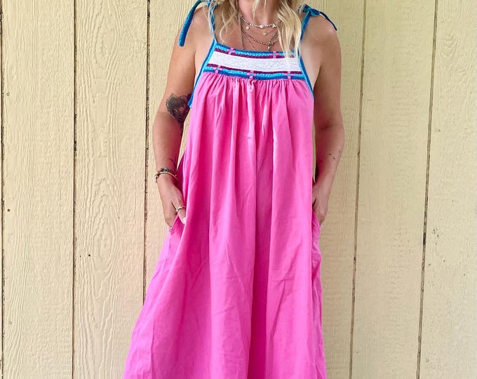 VintageIndia Cotton Dress Sundress , Appliqué  Indian Summer Dress , Pink Boho Sundress