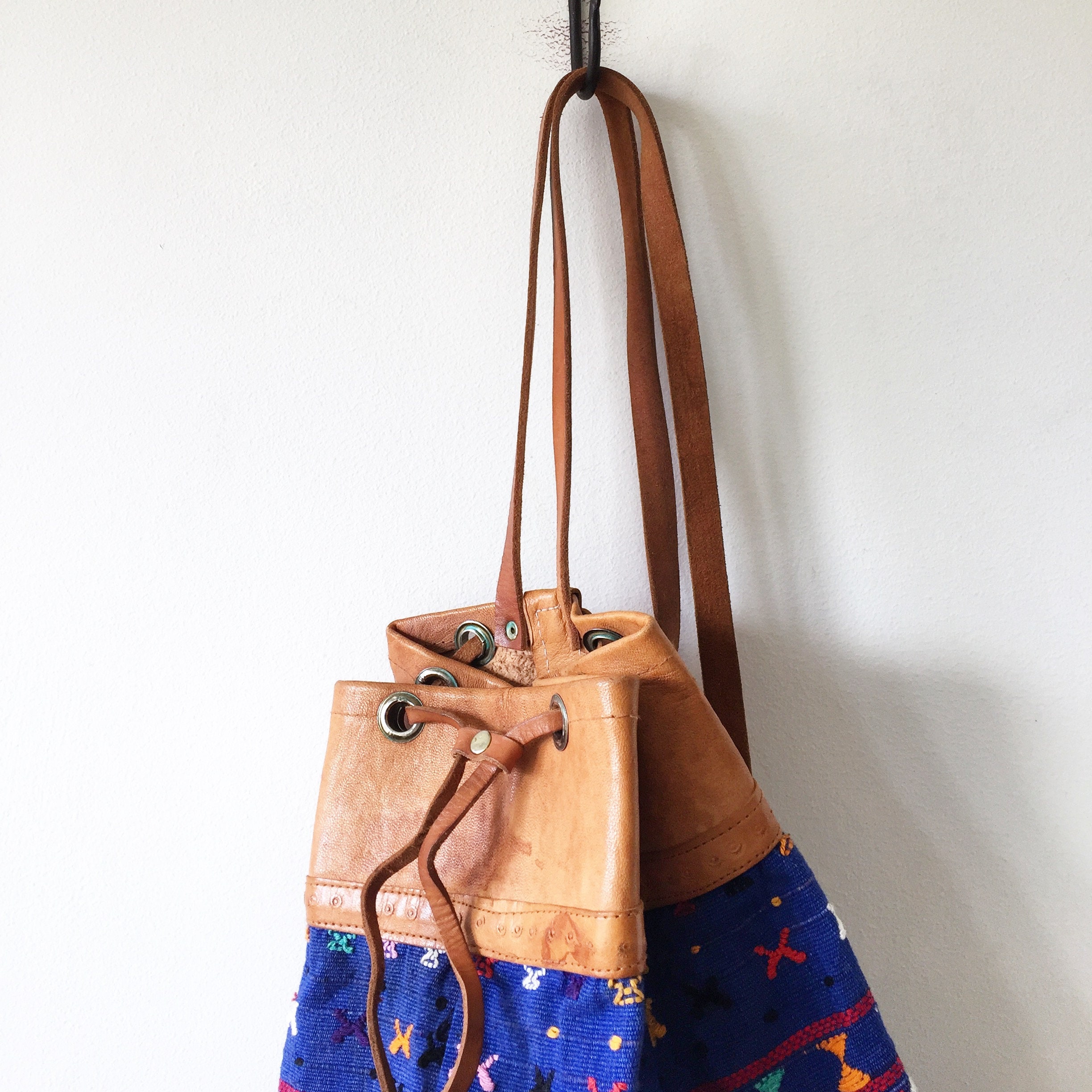 Brown Vintage Leather Crochet Bag Woven Bag Tote