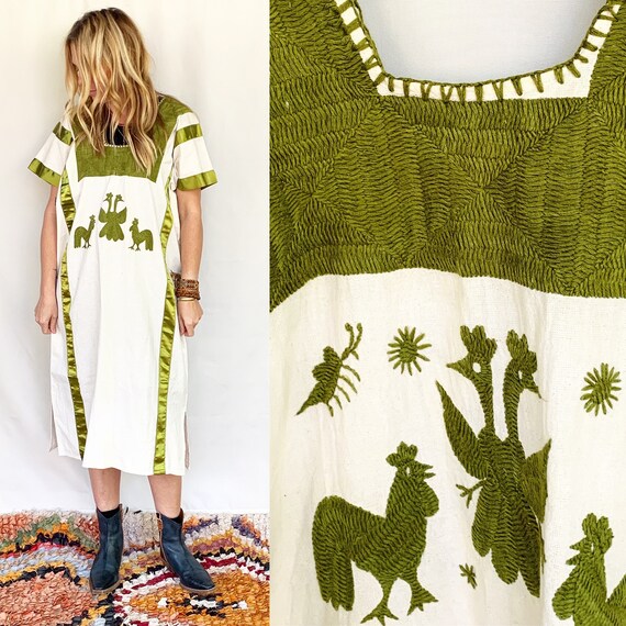 Vintage Hand Embroidered Mexican Huipil Dress , Bi