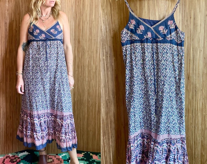 Vintage Strappy Style Indian Cotton Gauze Dress - BOHO Floral Bird Print Sundress Midi