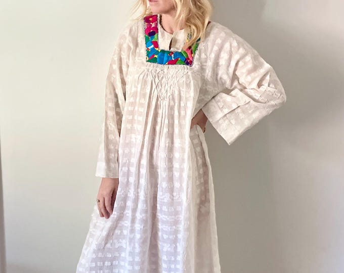Vintage Guatemalan Hand Loomed Kaftan , Embroidered Huipil Dress , Ethnic Caftan , Textured White Hand Loomed Cotton Kaftan