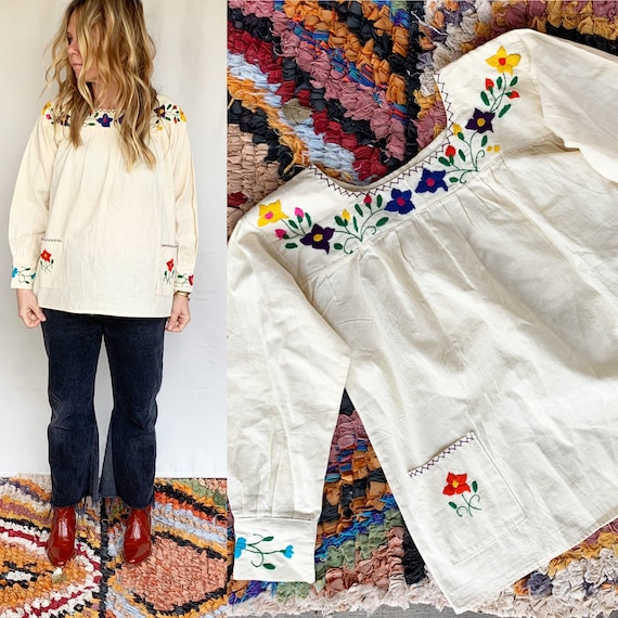 Hand 60s Embroidered Mexican Blouse. BOHO Blouse