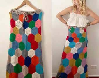 Vintage Patchwork Crochet Skirt , Rainbow Crochet Maxi Skirt, Knit Afghan 70s Skirt, Granny Square Maxi Skirt