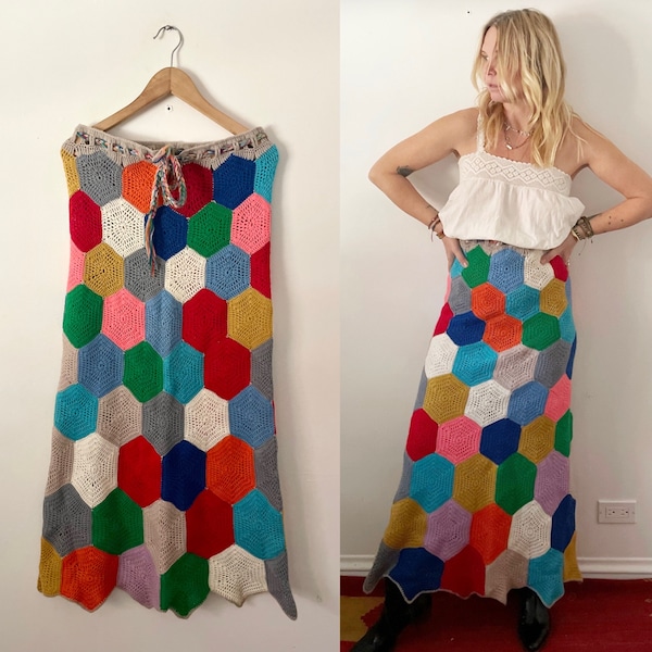 Vintage Patchwork Crochet Skirt , Rainbow Crochet Maxi Skirt, Knit Afghan 70s Skirt, Granny Square Maxi Skirt