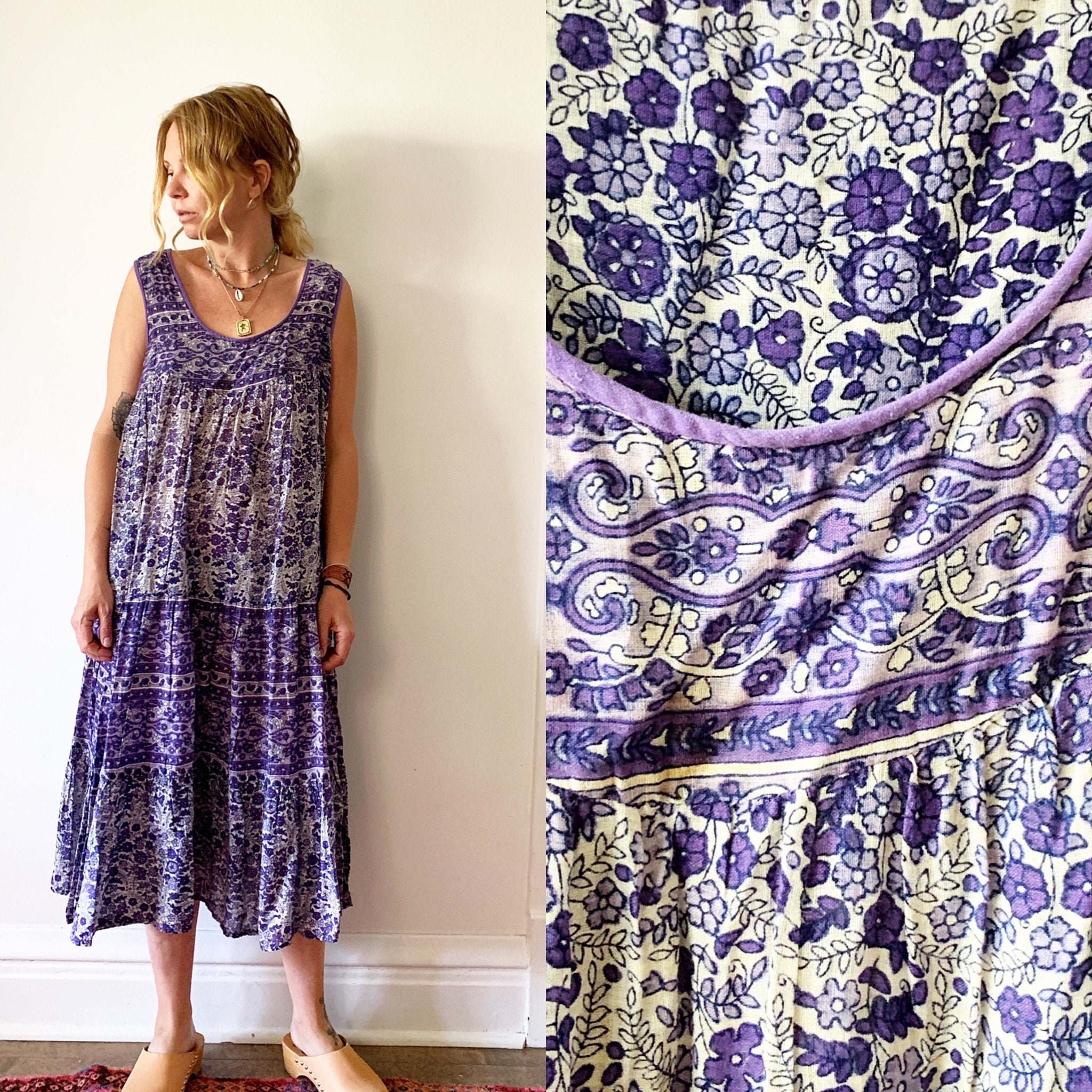 Vintage 70s Cotton Gauze Dress , BOHO Hippie Sun Dress , Kaiser Block