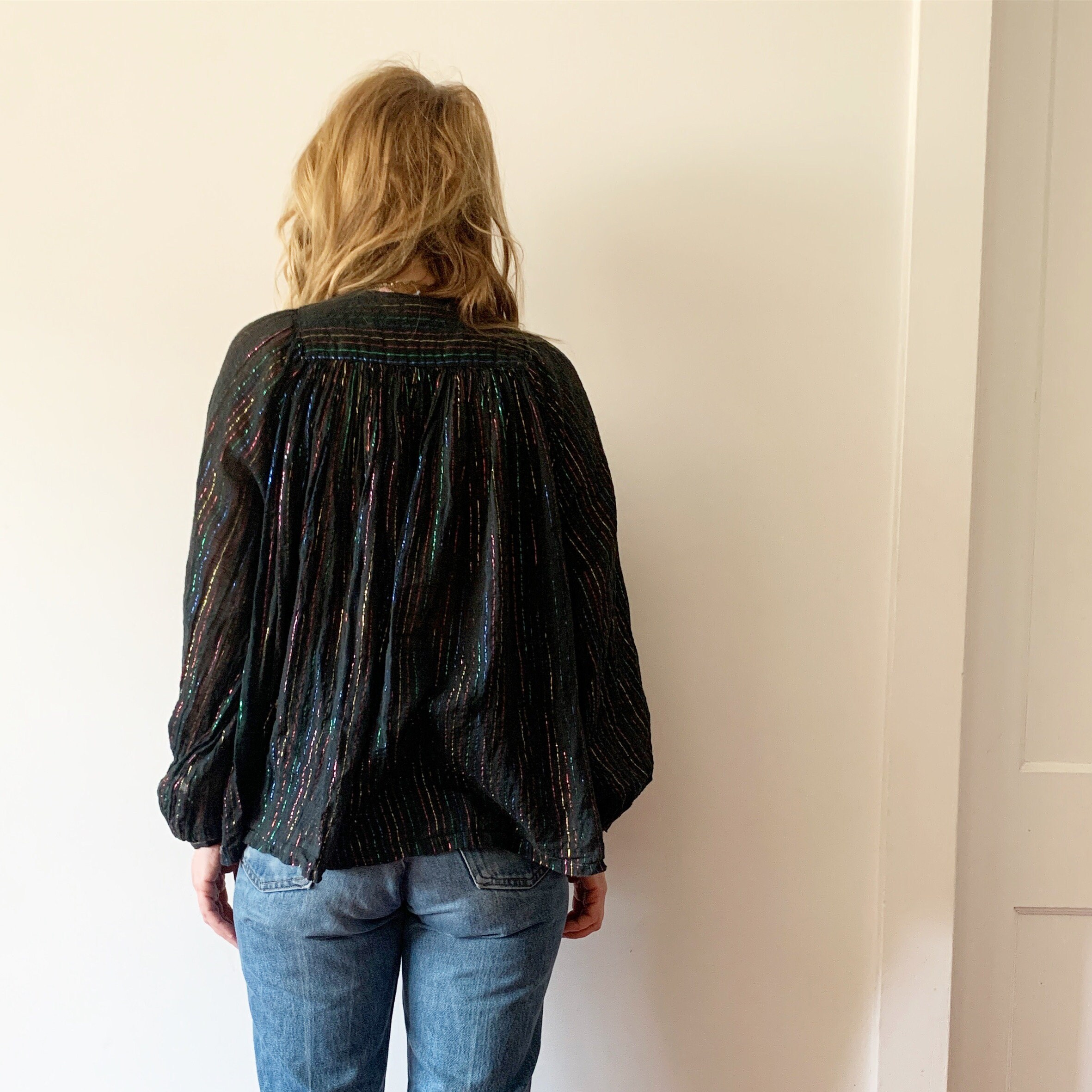 Vintage 70s India Cotton Gauze Blouse , Indian Lurex Top