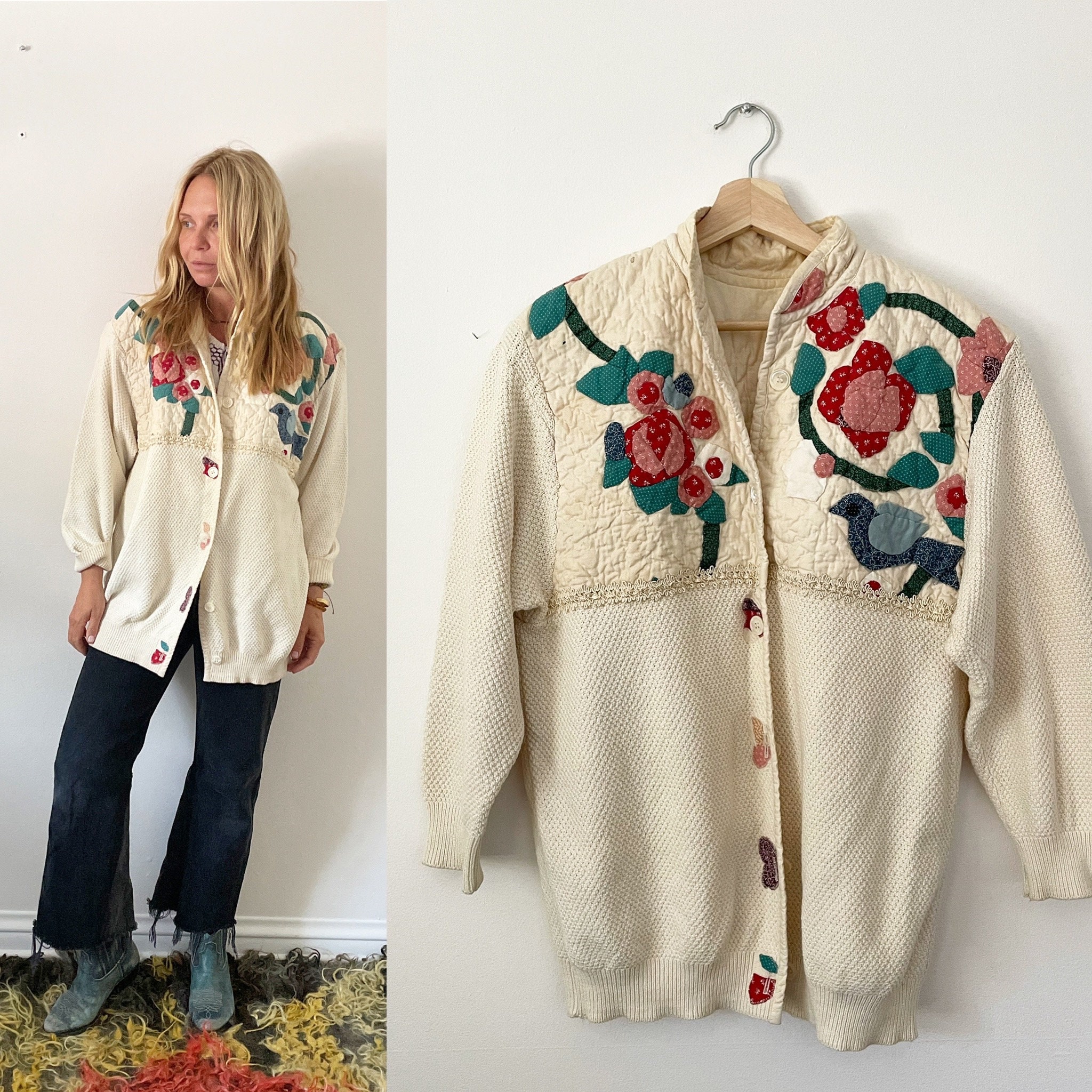 Vintage Cotton Jacket w/ Patchwork Quilt , Folk Quilted Jacket