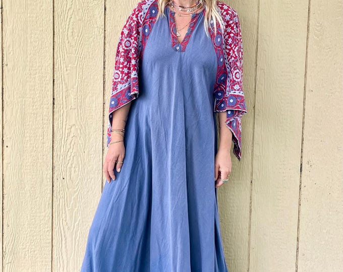 Vintage India Block Print Cotton Kaftan- Purple Indian Cotton Maxi Kaftan , Block Print Angel Sleeve Maxi Kaftan , Bohemian Maxi Dress