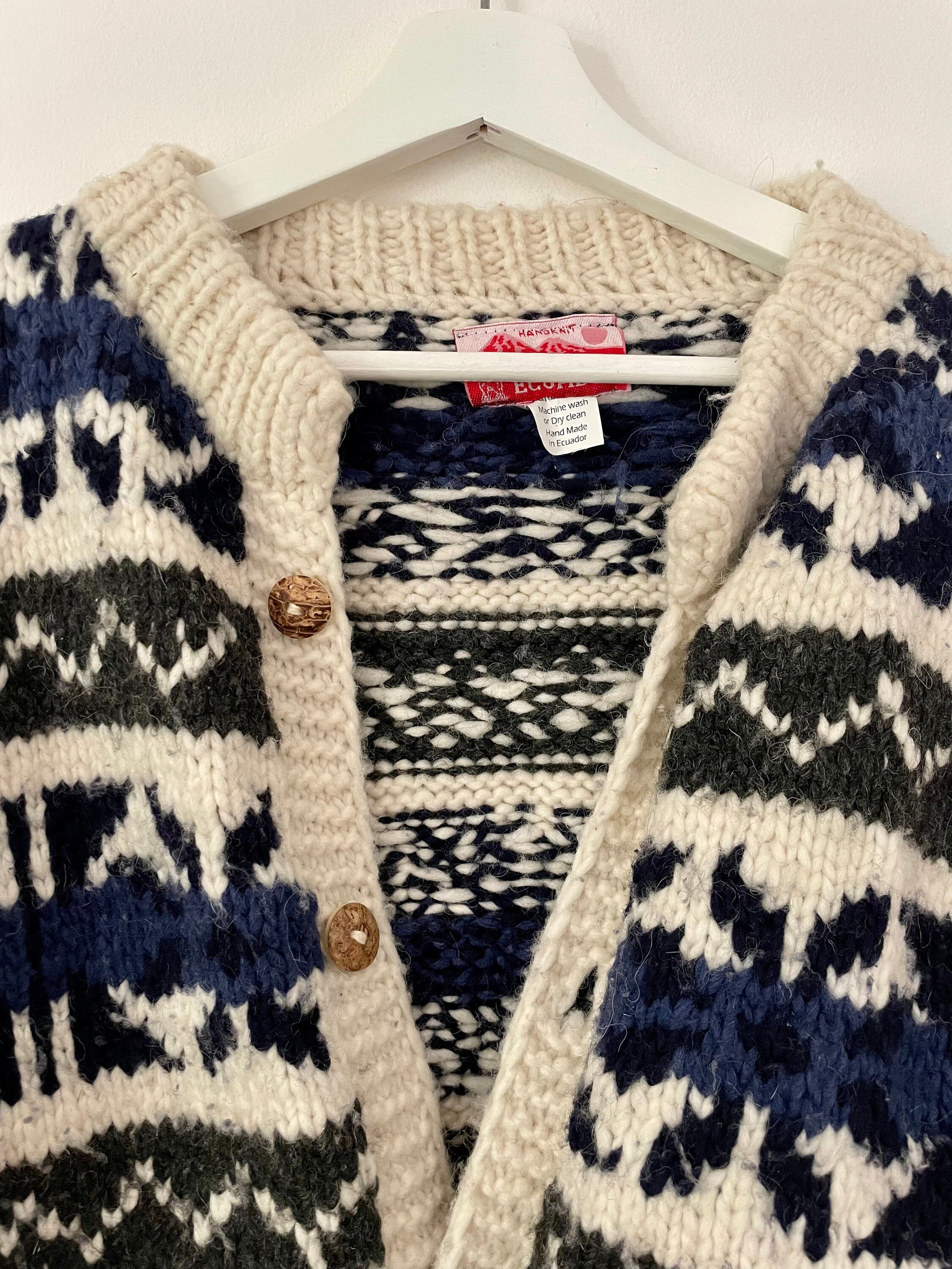 Vintage Ethnic Hand Knit Wool Cardigan , Ecuadorian Wool Vintage Ethnic Hand Knit Wool Cardigan , Ecuadorian Wool