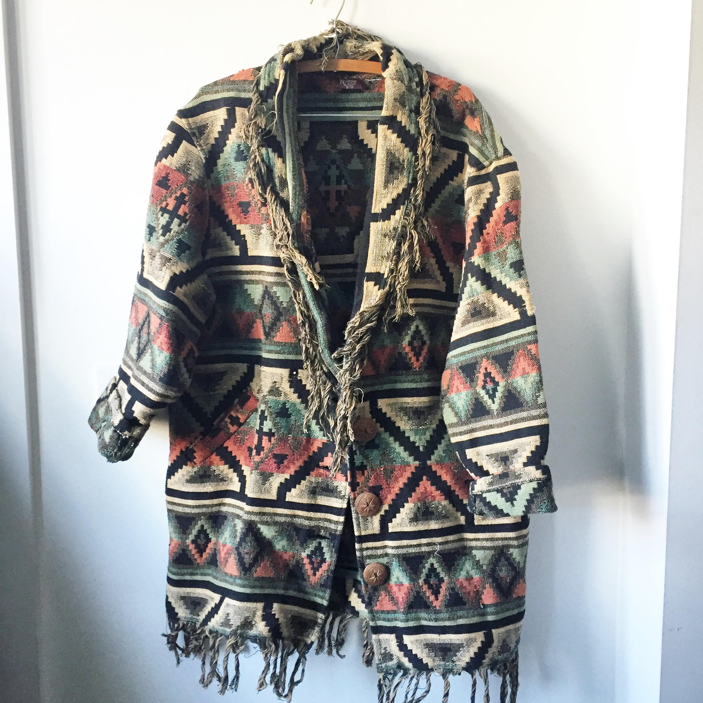 SOLD do not buy // Vintage Southwestern Blanket Jacket , Fringed BOHO Coat