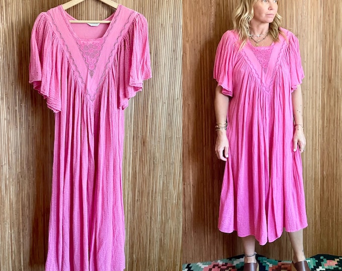 Vintage Grecian Cotton Gauze Dress w/ Bali Lace Top - Pink Boho Midi Dress