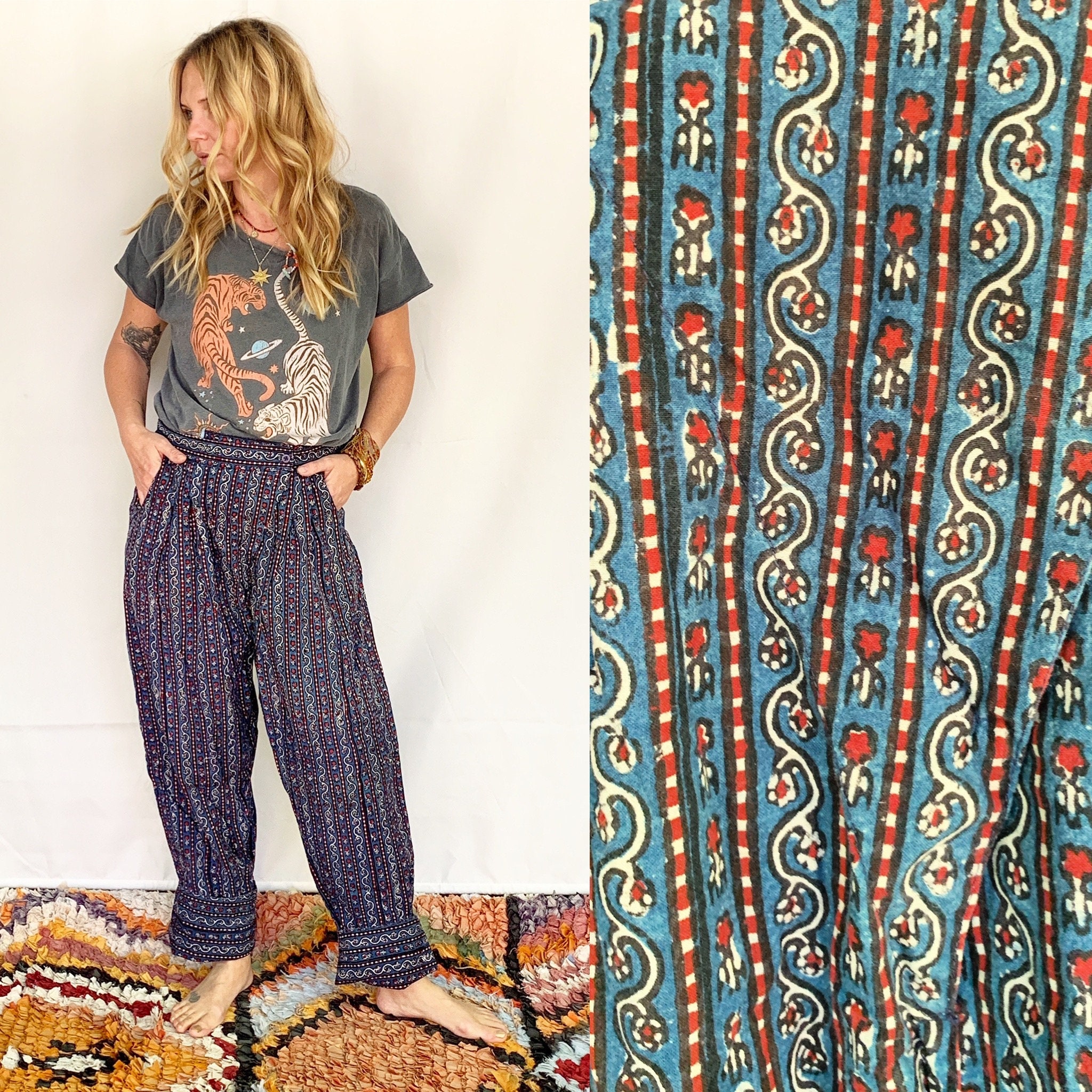 Vintage Anokhi Block Print Pants , Drop Crotch India Pants , Indian Block  Print Cotton Pants , Indian Cotton Slouchy Pants