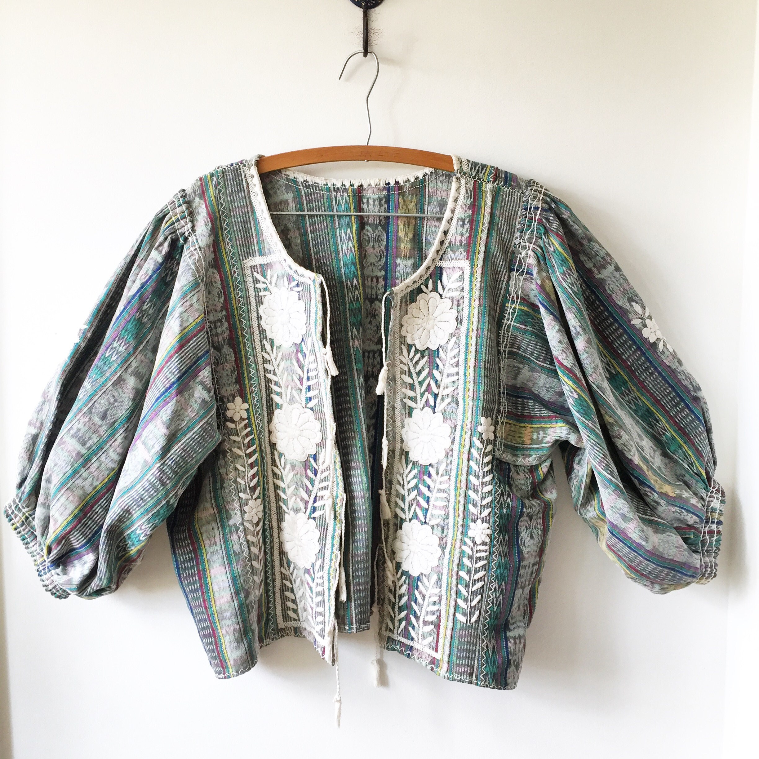 Vintage Mexican Embroidered Ikat Jacket , Puebla Tassed Jacket
