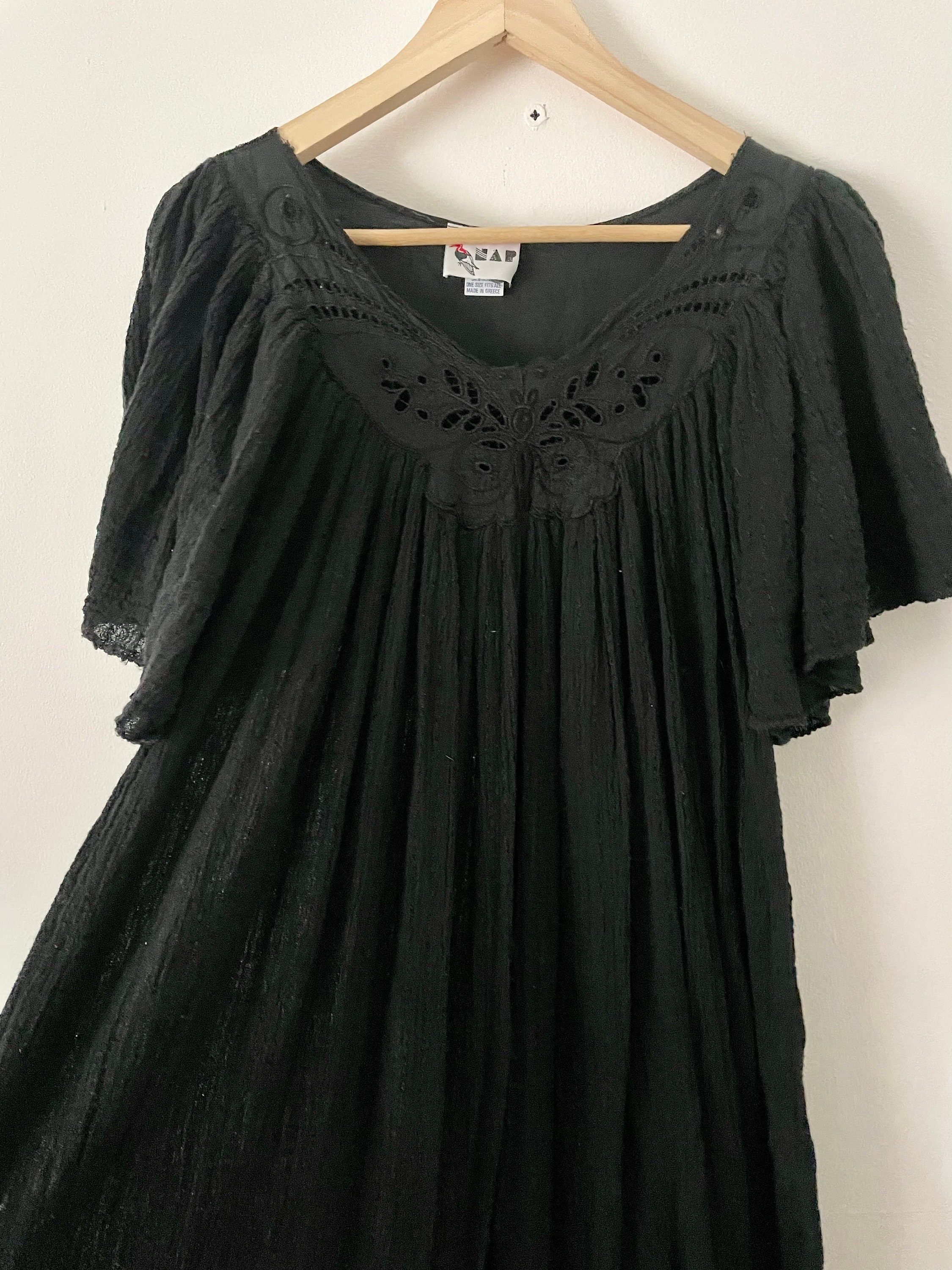 Vintage Black Cotton Gauze Dress , Butterfly Gauze Dress, Cotton Gauze